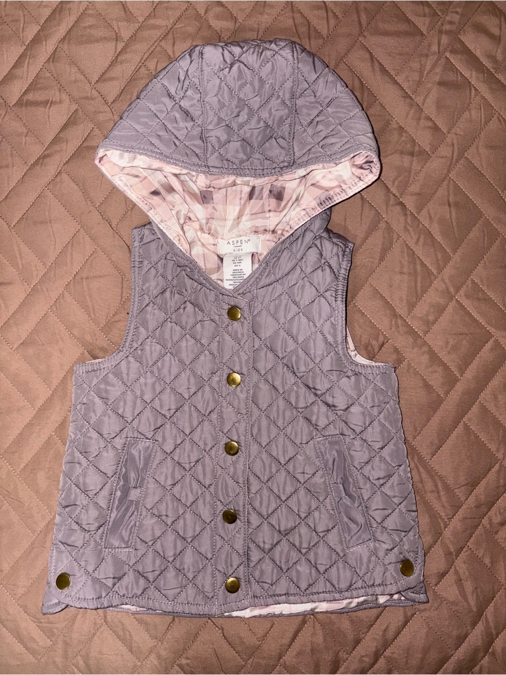 ‎Girls Aspen Kids Quilted Hooded Vest Grayish Purple 4T
